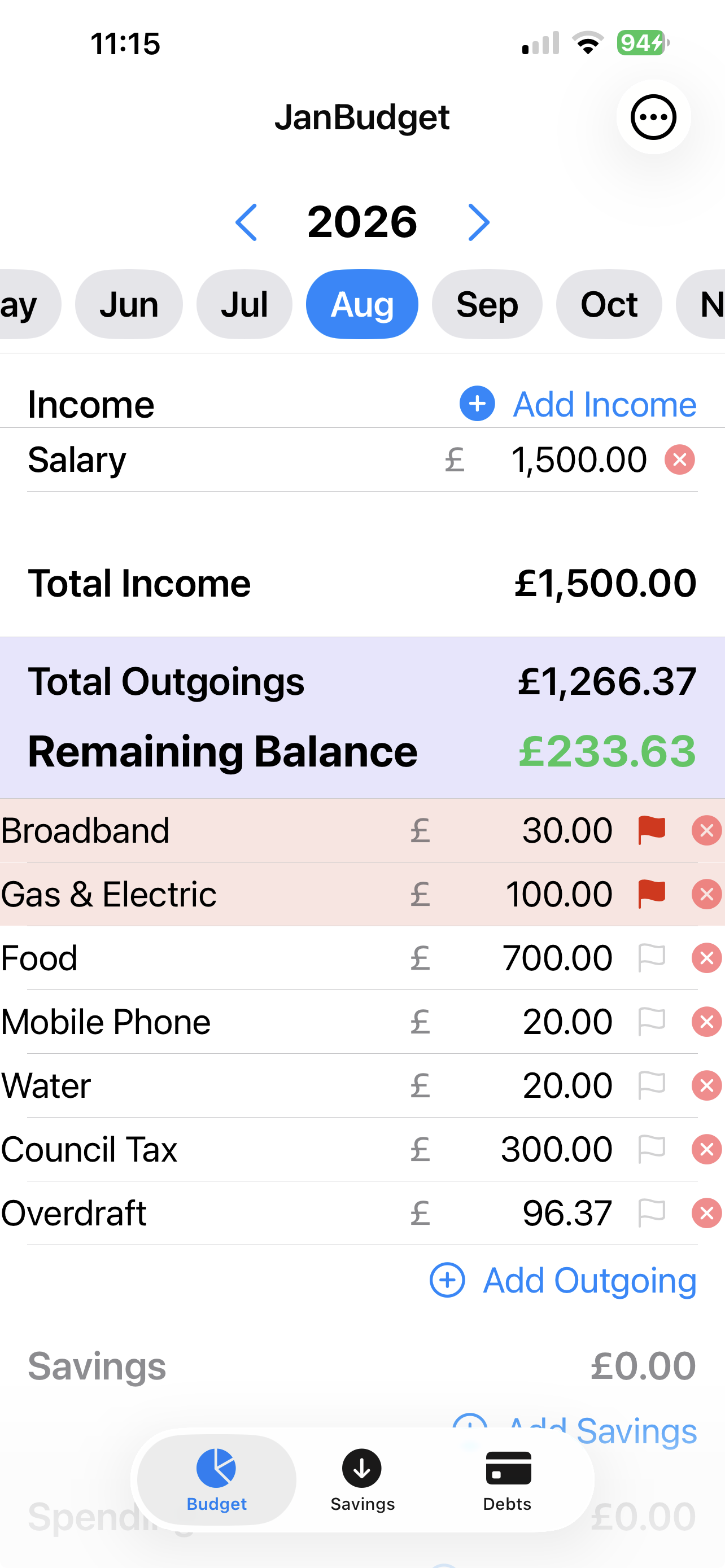 Screenshot of Budget Pal showing flagged bills with a running paid and outstanding total