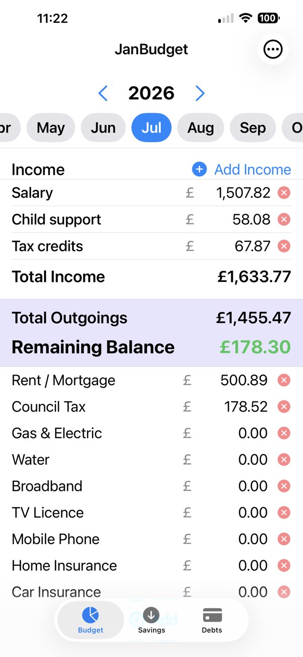 Screenshot of Budget Pal showing monthly income streams and outgoings totals on iPhone